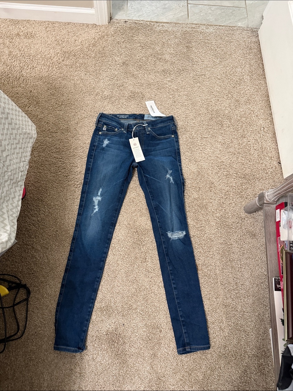 AG Adriano Goldschmied Dark Blue Distressed Skinny Jeans